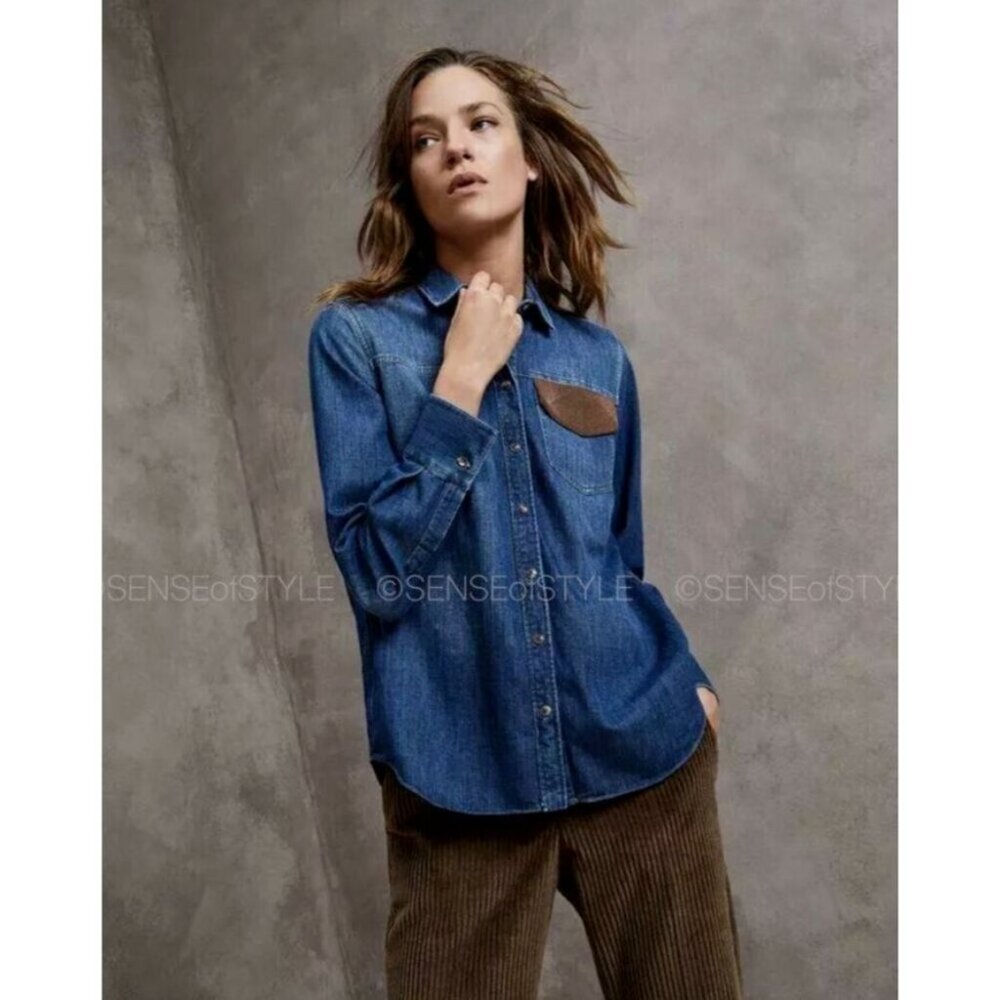 Brunello Cucinelli Women's Denim Blue Jeans Shirt Top Monili Size XS 38